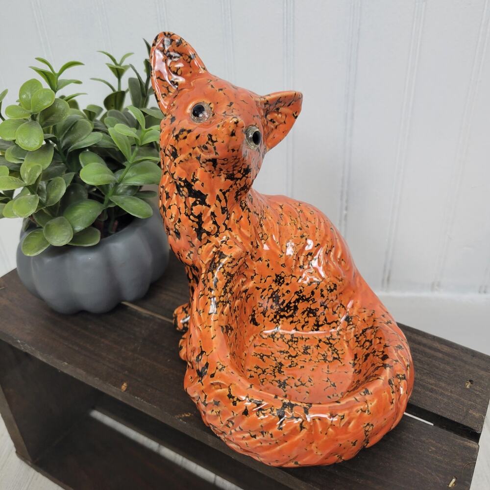 Ceramic Orange Fox Sculpture Trinket Dish Candle Holder Planter